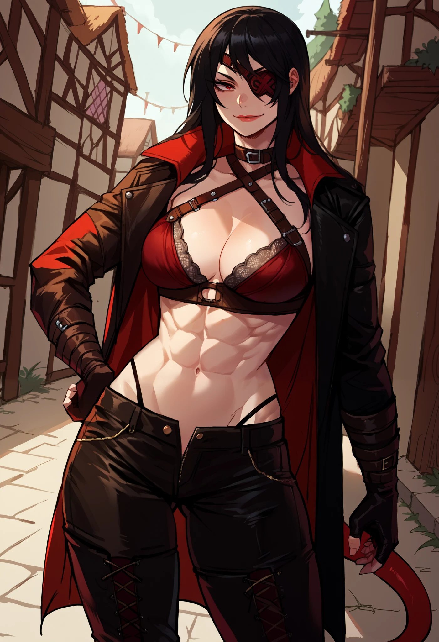 (score_9, score_8_up, score_7_up), close up, Dutch angle, 1female, solo, long hair, straight black hair, eyepatch, red eyes, toned, lipstick, leather halter bra, cleavage, abs, red split tail coat, silver trim, black cuffs, fingerles gloves, smirking, black leather shorts, knee high boots wide hips, big breasts, thong, outdoors, medieval town, hand on hip, soft lighting, shadows, cinematic, source_anime, 