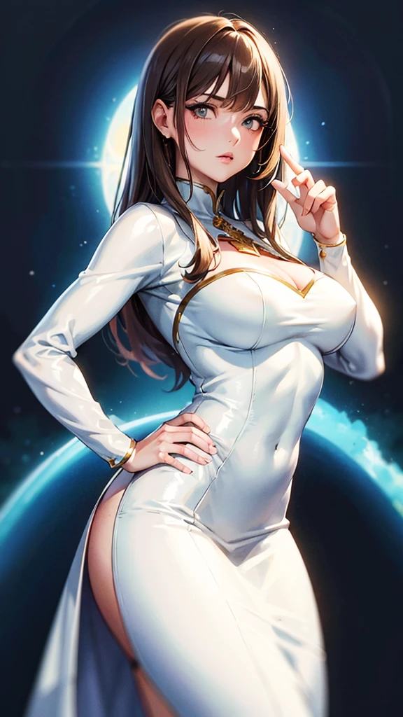 ((slanted eye)),Colossal tits,(((A MILF))),独奏,pilotsuit,(white  leotard),Suit with body line,Over knee socks, thong, (((maturefemale))),groin,blush,Inside the spaceship,weightless,from behind,Ass,