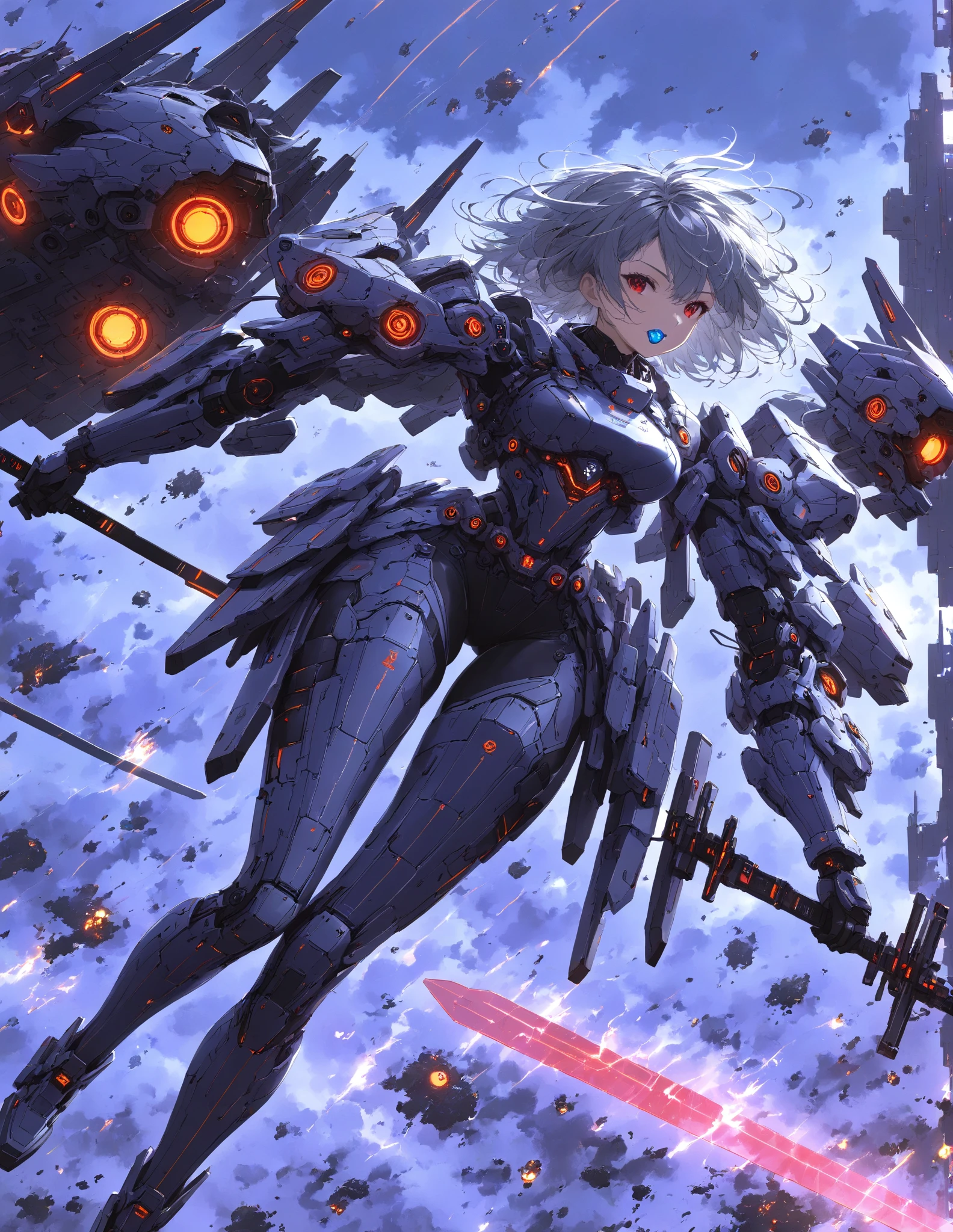  Masterpiece , high quality, high resolution, 16k, Makoto Shinkai illustration, detailed background, hyperrealistic, dark atmosphere, black tones, lively, digital painting, cyberpunk, science fiction, one girl, beautiful face, clean skin, red eyes, gray hair clean hair, clean thighs, windswept hair, transparent ends, clean legs, robotic armor modeled after Archangel Michael, mad-bdyarmr, neon blue and purple lights at armor seams, machine mask covering mouth, exposed thighs, exposed sides, hair on drone interface, glowing red energy sword, dark red-purple sky, two red moons, dark clouds swirling in sky , several drones and alien-looking robots flying around, surrounded by explosion light, particulate matter in air, dust and sand in air, dust flying up underfoot, elaborate elaborate space fortress, devastated planet, dynamic angles