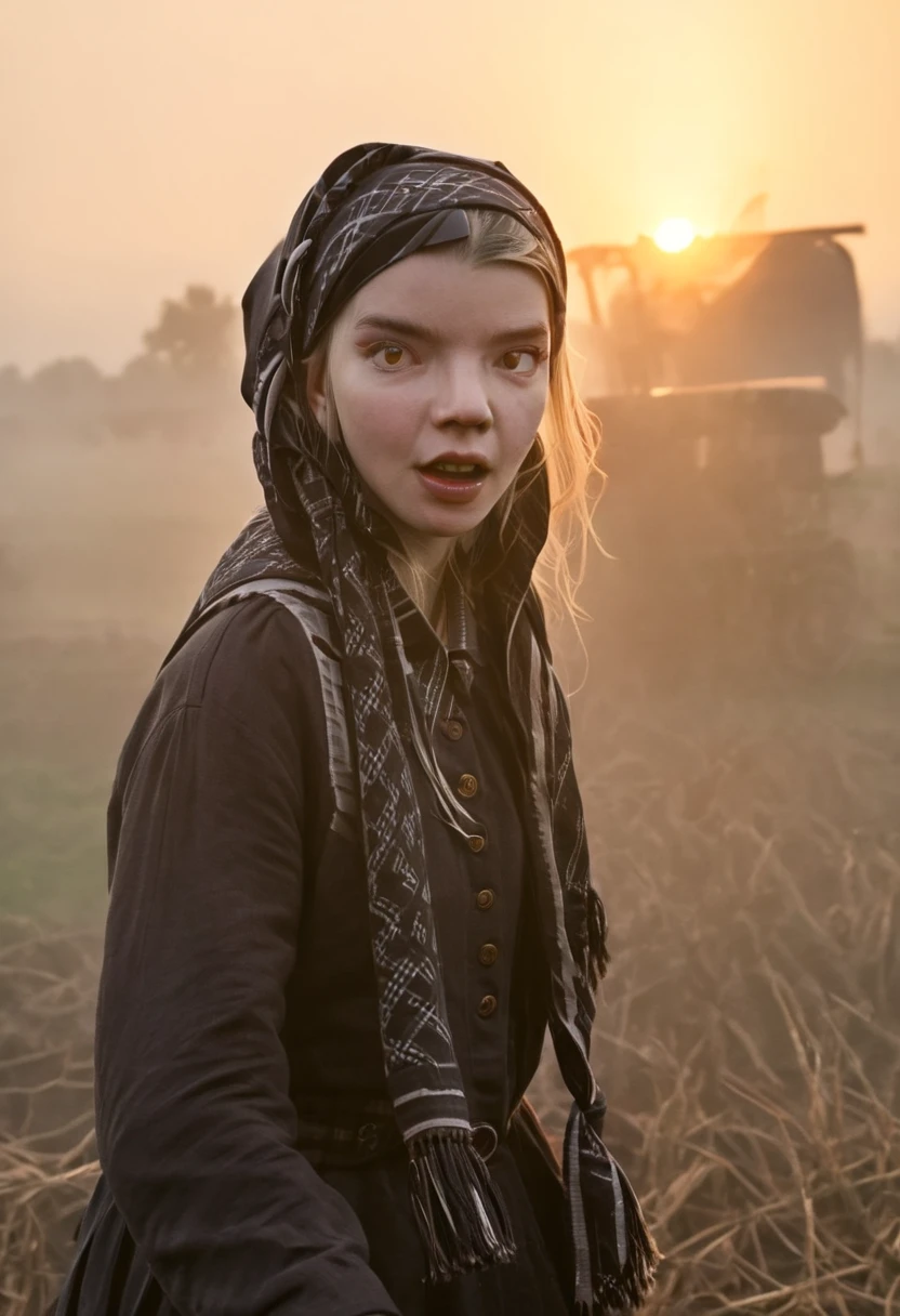 "****ung woman, ((Anya Taylor joy, witch)), with a scarf tied on her head,
yelling in front of the camera. "Thomasin"anger, feeling, angry look, background, farm, environment, sunrise, atmosphere, mysterious, photo realistic, good lighting, best masterpiece, 8k"