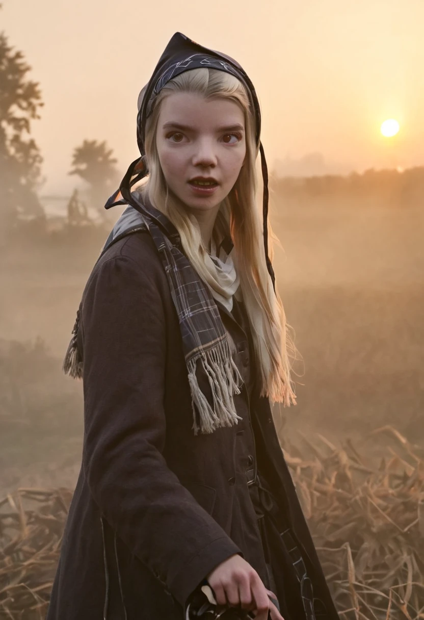 "****ung woman, ((Anya Taylor joy, witch)), with a scarf tied on her head,
yelling in front of the camera. "Thomasin"anger, feeling, angry look, background, farm, environment, sunrise, atmosphere, mysterious, photo realistic, good lighting, best masterpiece, 8k"