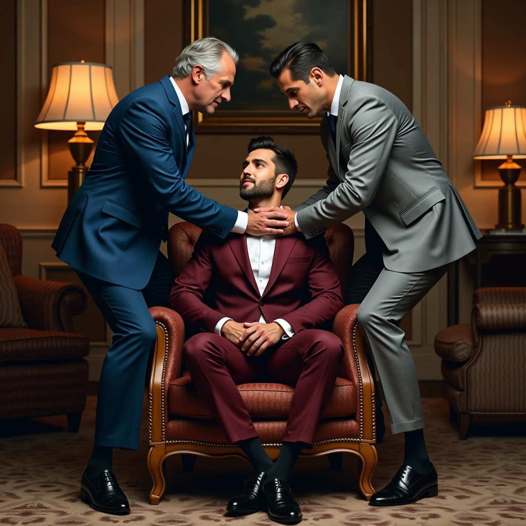 50yearsold,Hidetoshi Nakata,(Demo Mulroni 1.3),Shirtless,Tong,Bulge,office room,black long socks,Thin,musculature,lbeard,fortitude,artwork of a,tmasterpiece,k hd,ssmile,Kneeling,Two people kissing
