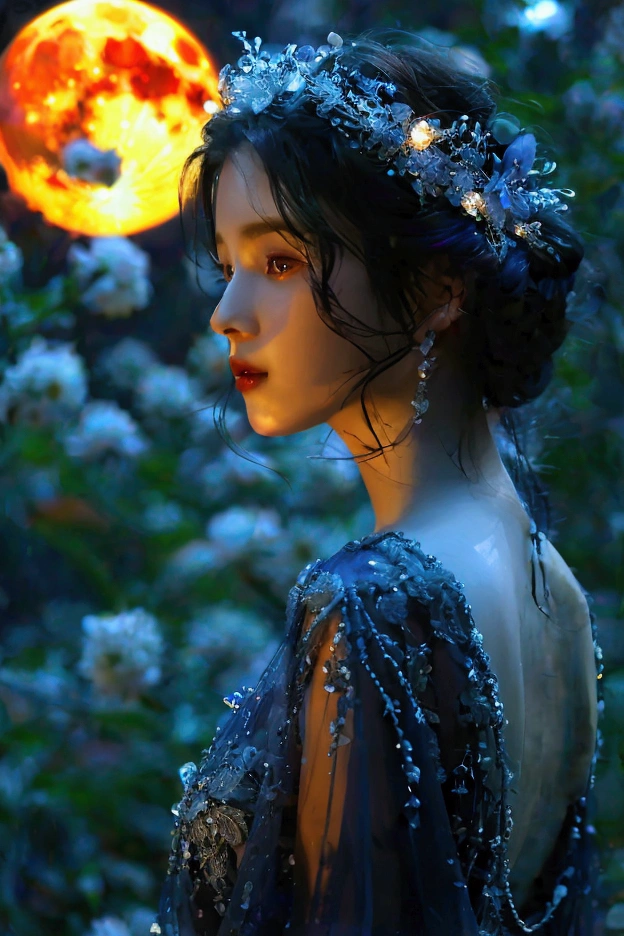 A full-body portrait of a woman in a moonlit garden, silk gown shifting colors, adorned with crystal-adorned midnight hair.bare skin