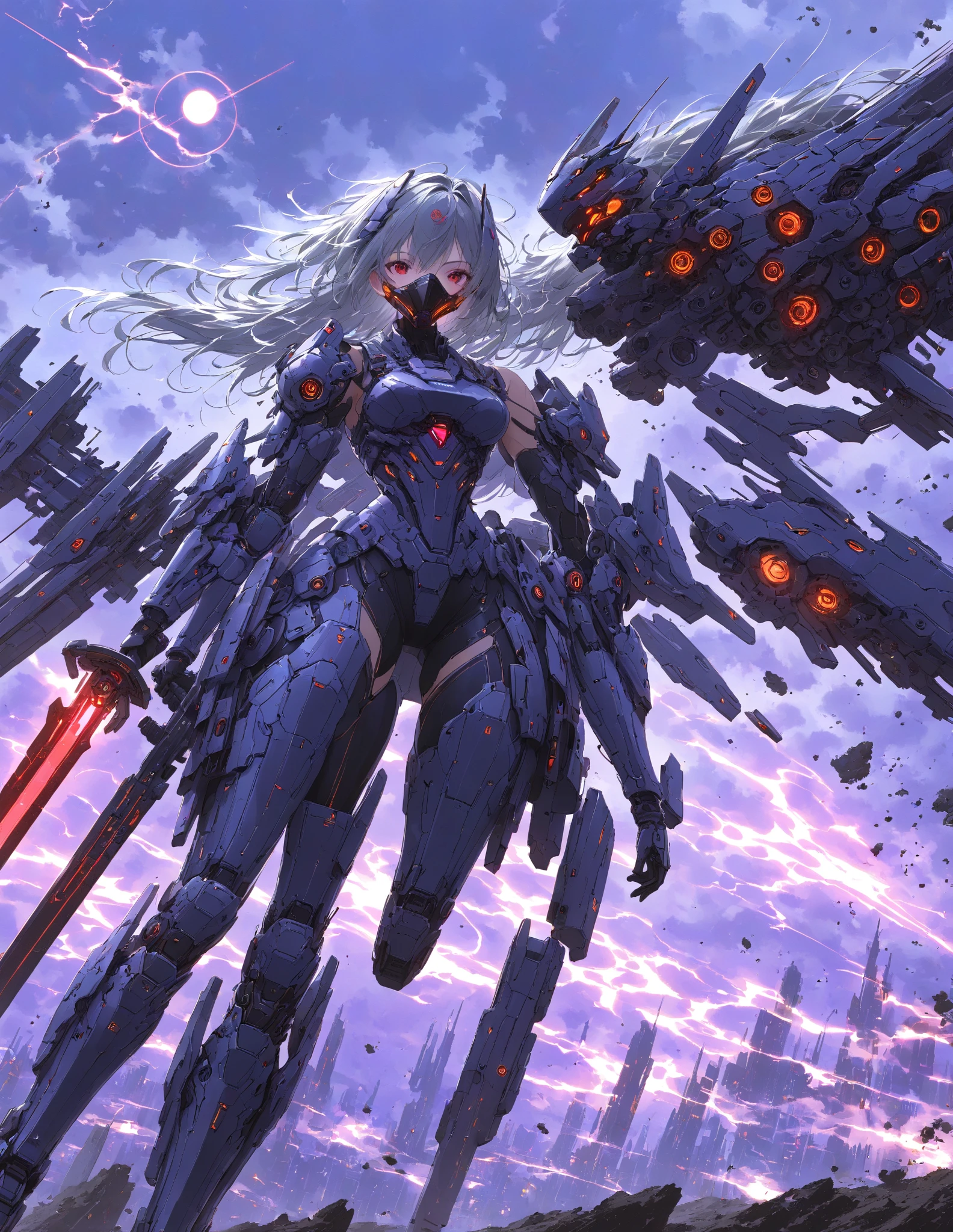  Masterpiece , high quality, high resolution, 16k, Makoto Shinkai illustration, detailed background, hyperrealistic, dark atmosphere, black tones, lively, digital painting, cyberpunk, science fiction, one girl, beautiful face, clean skin, red eyes, gray hair clean hair, clean thighs, windswept hair, transparent ends, clean legs, robotic armor modeled after Archangel Michael, mad-bdyarmr, neon blue and purple lights at armor seams, machine mask covering mouth, exposed thighs, exposed sides, hair on drone interface, glowing red energy sword, dark red-purple sky, two red moons, dark clouds swirling in sky , several drones and alien-looking robots flying around, surrounded by explosion light, particulate matter in air, dust and sand in air, dust flying up underfoot, elaborate elaborate space fortress, devastated planet, dynamic angles