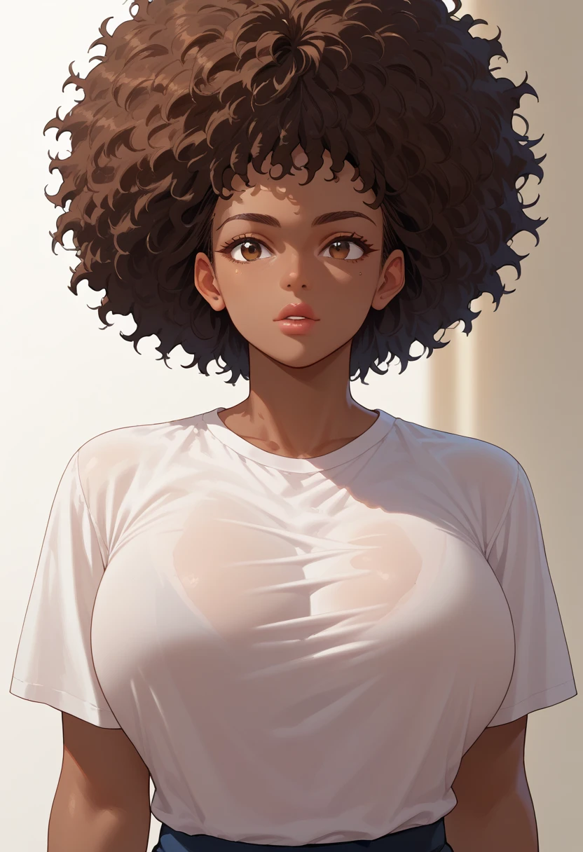 (1Girl),(anime),(young),(Slender body),(sensual body),(Beautiful face),(beautiful body),(super beautiful),(huge boobs:1.5),(sexy ass),(16 year old teenager),(height 1.70),(short and curly black hair Brazilian afro style: 1.5),(black skin color:1.5),(Average physical height of a teenager), (black brown eyes),(Wearing),+,(a sexy pencil skirt and white blouse)