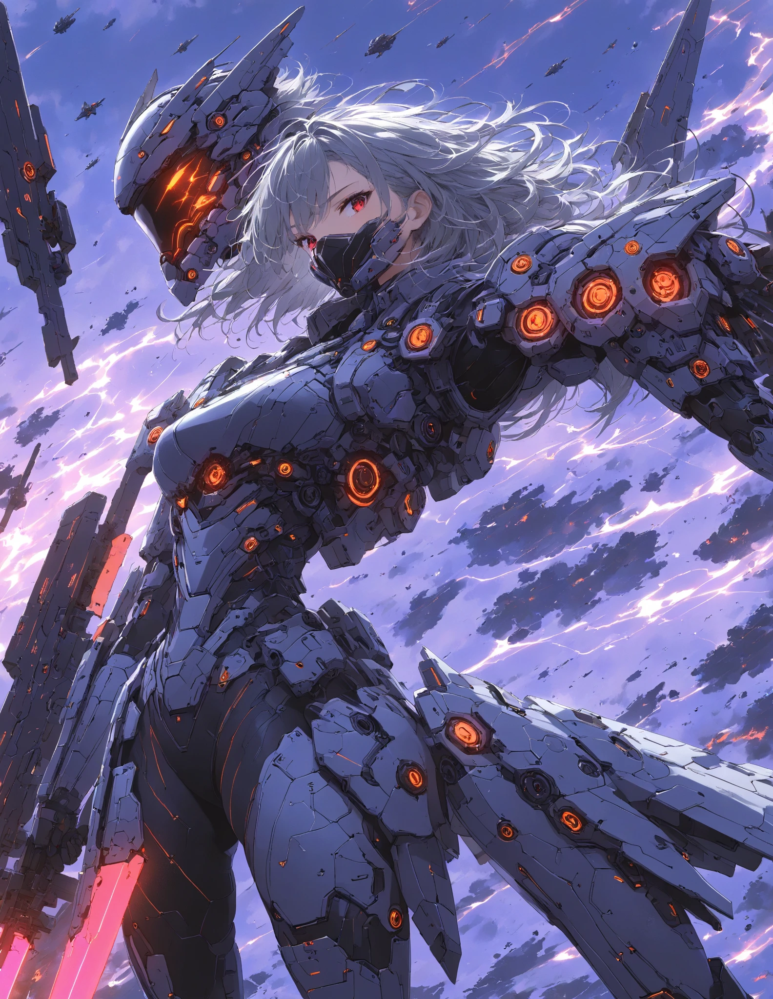  Masterpiece , high quality, high resolution, 16k, Makoto Shinkai illustration, detailed background, hyperrealistic, dark atmosphere, black tones, lively, digital painting, cyberpunk, science fiction, one girl, beautiful face, clean skin, red eyes, gray hair clean hair, clean thighs, windswept hair, transparent ends, clean legs, robotic armor modeled after Archangel Michael, mad-bdyarmr, neon blue and purple lights at armor seams, machine mask covering mouth, exposed thighs, exposed sides, hair on drone interface, glowing red energy sword, dark red-purple sky, two red moons, dark clouds swirling in sky , several drones and alien-looking robots flying around, surrounded by explosion light, particulate matter in air, dust and sand in air, dust flying up underfoot, elaborate elaborate space fortress, devastated planet, dynamic angles