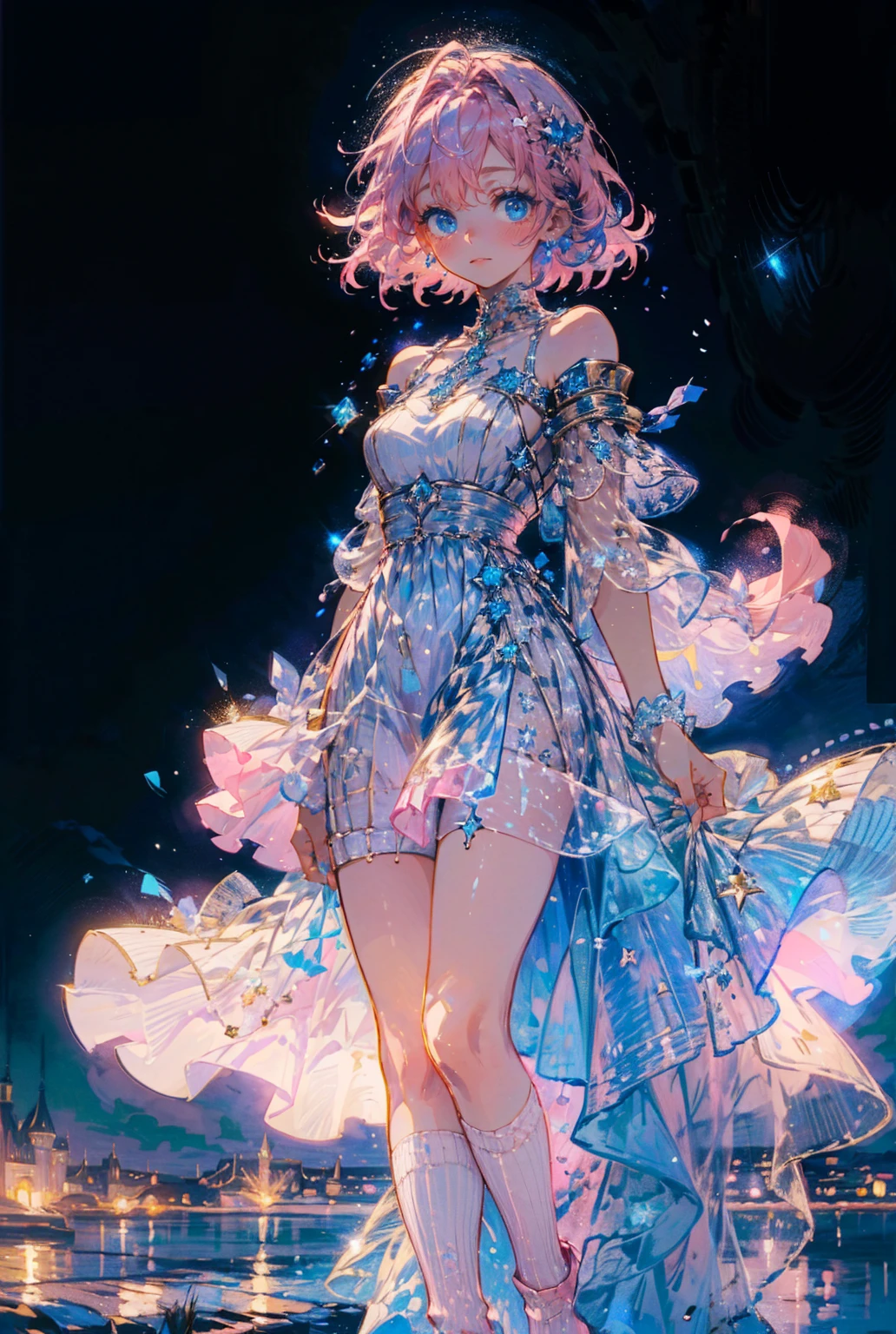 "In a vivid anime scene, a girl with pink bobbed hair and blue eyes radiates confidence while wearing a jellyfish costume, blending serenity with her spirited demeanor. Her outfit, a unique mix of punk and marine life, is accented with blue butterfly accessories. Amidst a whirlwind of chaos, she stands out with her clear jellyfish attire, symbolizing tranquility in turmoil. The dynamic background of abstract energy, enhanced by a halo of light and colorful streaks, emphasizes