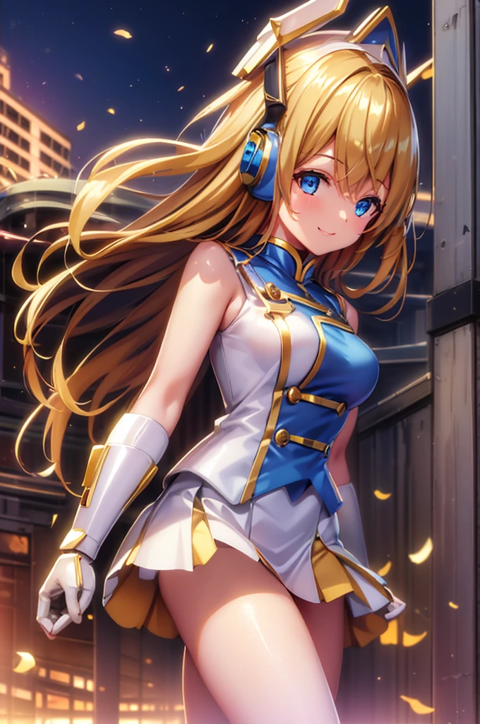  and smiles 、mecha wing、Thighs、tights、chest、 shiny golden hair 、 1 girl、 solo girl 、 headphones 、SunFes marching band uniform、mecha girl、I have a white armor 、 BLUE MINI SKIRT 、 has a handgun,hand gun