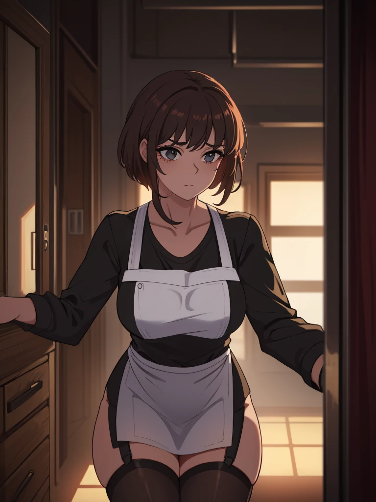 motherly, mother, youthful appearance, milf, shortcut, short hair, light brown hair, mole, medieval housewife clothes, apron, big breasts, chubby, motherly body, gentle motherly expression