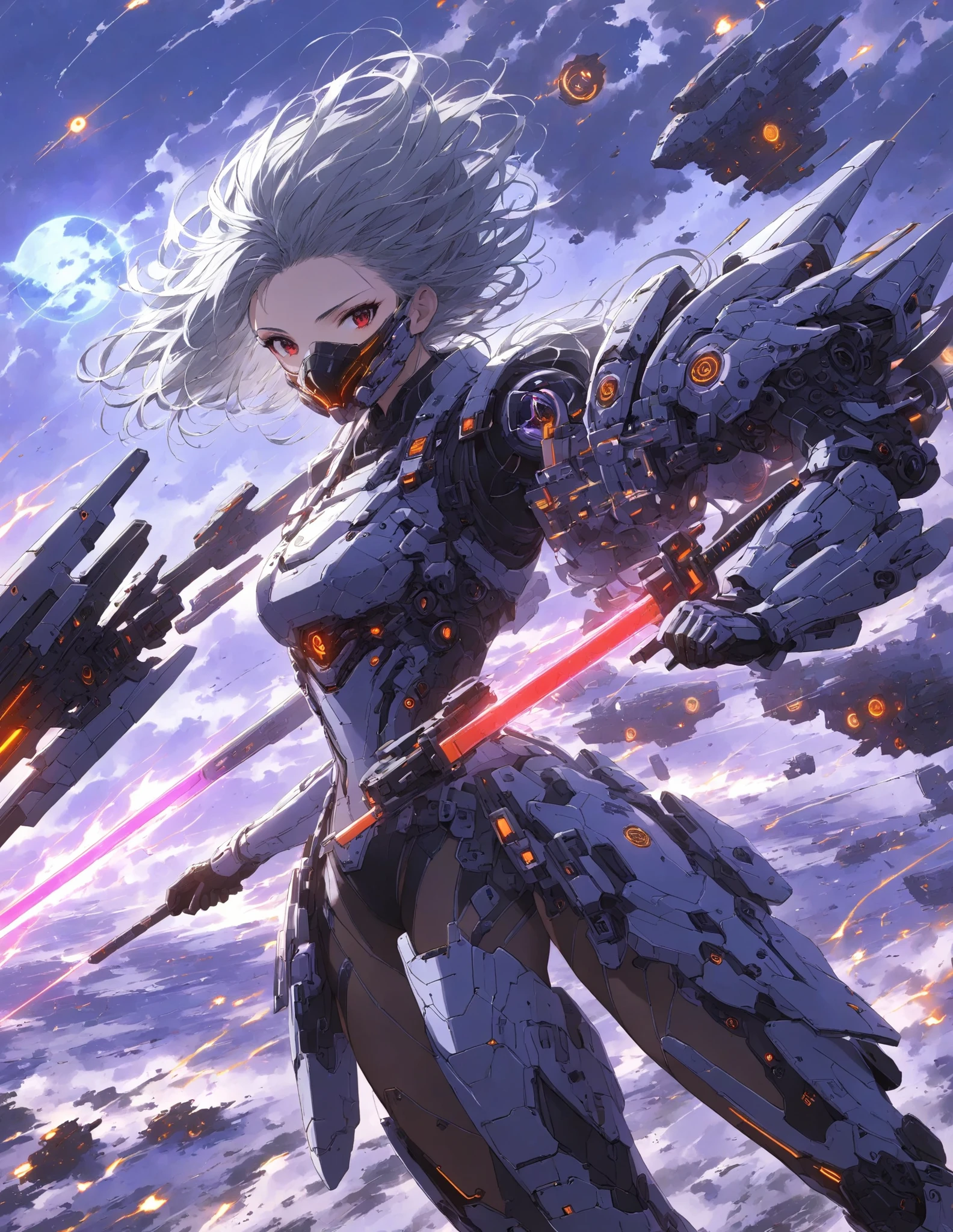  Masterpiece , high quality, high resolution, 16k, Makoto Shinkai illustration, detailed background, hyperrealistic, dark atmosphere, black tones, lively, digital painting, cyberpunk, science fiction, one girl, beautiful face, clean skin, red eyes, gray hair clean hair, clean thighs, windswept hair, transparent ends, clean legs, robotic armor modeled after Archangel Michael, mad-bdyarmr, neon blue and purple lights at armor seams, machine mask covering mouth, exposed thighs, exposed sides, hair on drone interface, glowing red energy sword, dark red-purple sky, two red moons, dark clouds swirling in sky , several drones and alien-looking robots flying around, surrounded by explosion light, particulate matter in air, dust and sand in air, dust flying up underfoot, elaborate elaborate space fortress, devastated planet, dynamic angles