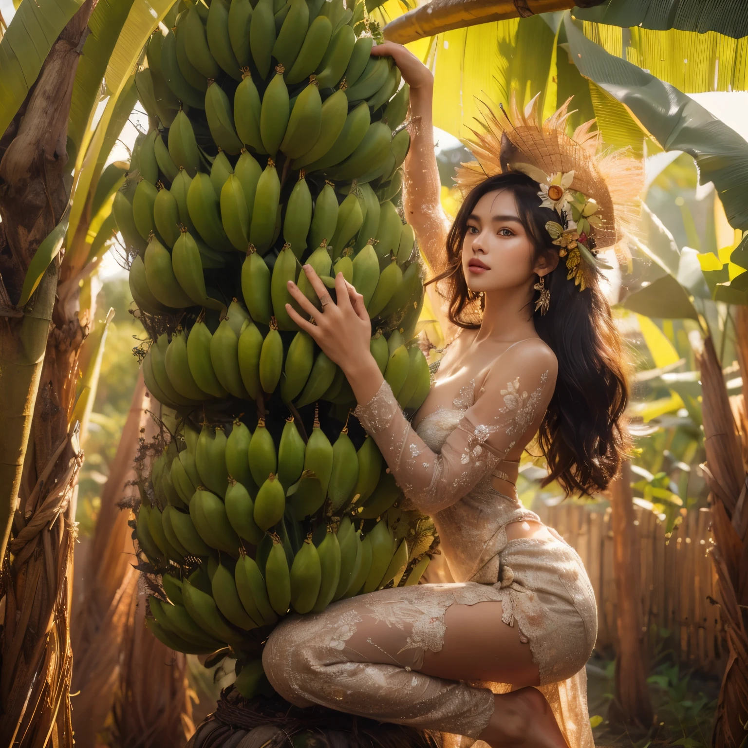 there is a woman with large breast sitting on a banana tree with a hat on, banana trees, beautiful digital artwork, bananas, inspired by Rudy Siswanto, inspired by Hedi Xandt, banana, by Galen Dara, with beautiful exotic, photo manipulation, organic 8k artistic photography, banana color, karol bak uhd, tropical mood, traditional beauty, tropical vibe, masterpiece, best quality:1.2),,(8k,highres,RAW photo,realistic,photo-realistic:1.3),(detailed skin texture,detailed cloth texture,beautiful detailed face:1.25),professional lighting,photon mapping,beautiful soft light,radiosity,physically-based rendering,raytracing, model shoot style, model shoot style, (extremely detailed CG unity 8k wallpaper), full shot body photo of the most beautiful artwork in the world,