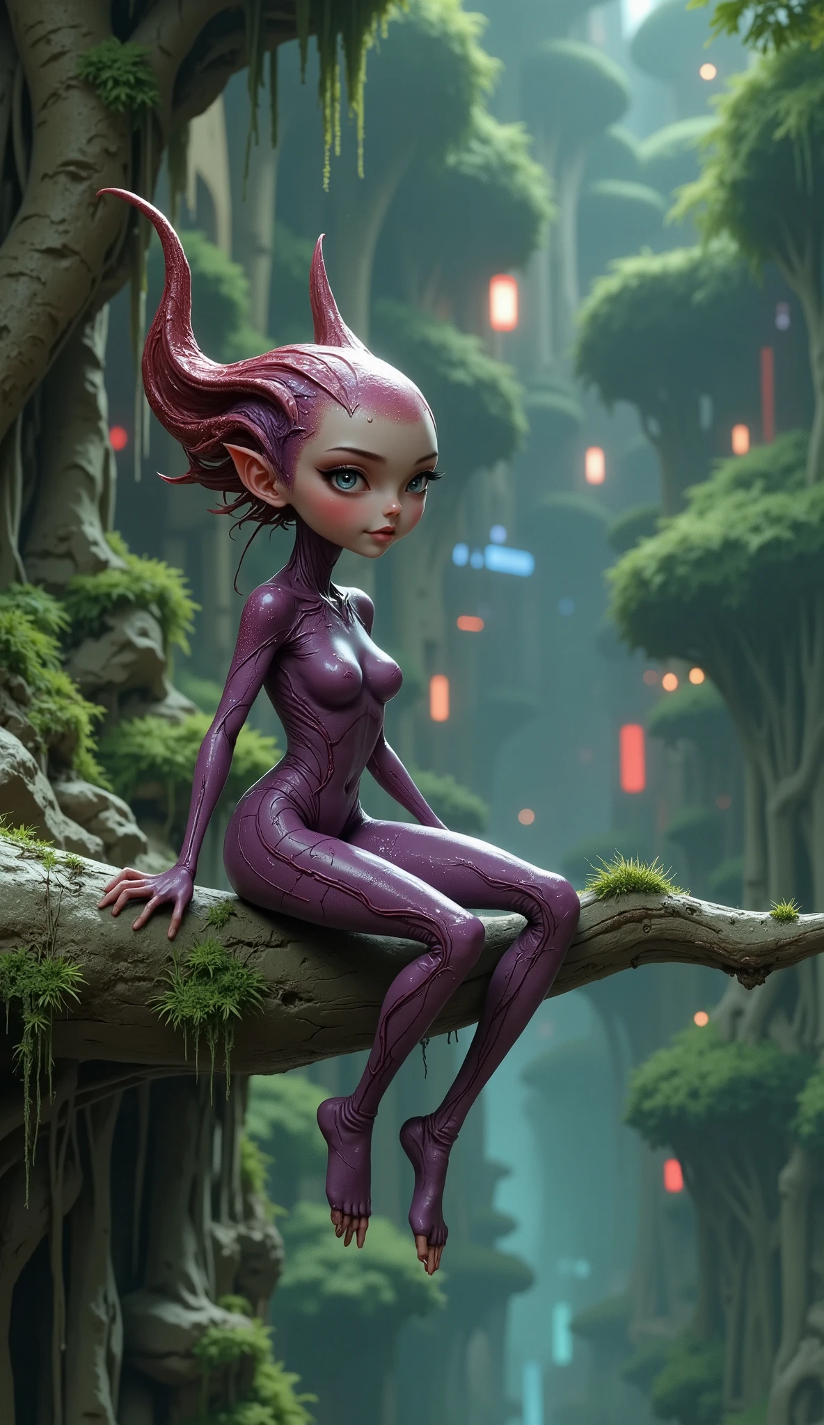  Anatomically correct, an ultra detailed , realistic, And a nice and friendly alien character is represented in this work of art...  in high quality The character is small in size and has a friendly and adorable appearance ... The alien takes place in a purple world filled with abundant exotic vegetation... The art style is inspired by anime , giving it a unique and distinct look. The artwork is created in 8k resolution..,  ensuring the best quality and capturing every intricate detail of the alien and its environment . Vibrant and vivid colors enhance the overall visual experience..,  While the lighting creates a sense of depth and dimension in the artwork... This masterpiece shows the artist&#39;Our experience in creating high quality, Visually striking illustrations..