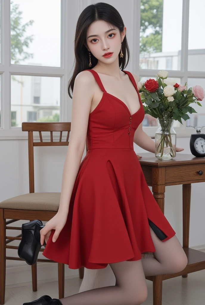 1girl, solo, long hair, breasts, looking at viewer, blue eyes, black hair, dress, cleavage, bare shoulders, jewelry, medium breasts, standing, full body, flower, pantyhose, earrings, sleeveless, indoors, black footwear, high heels, black pantyhose, bare arms, window, sleeveless dress, rose, red dress, table, side slit, red lips, vase