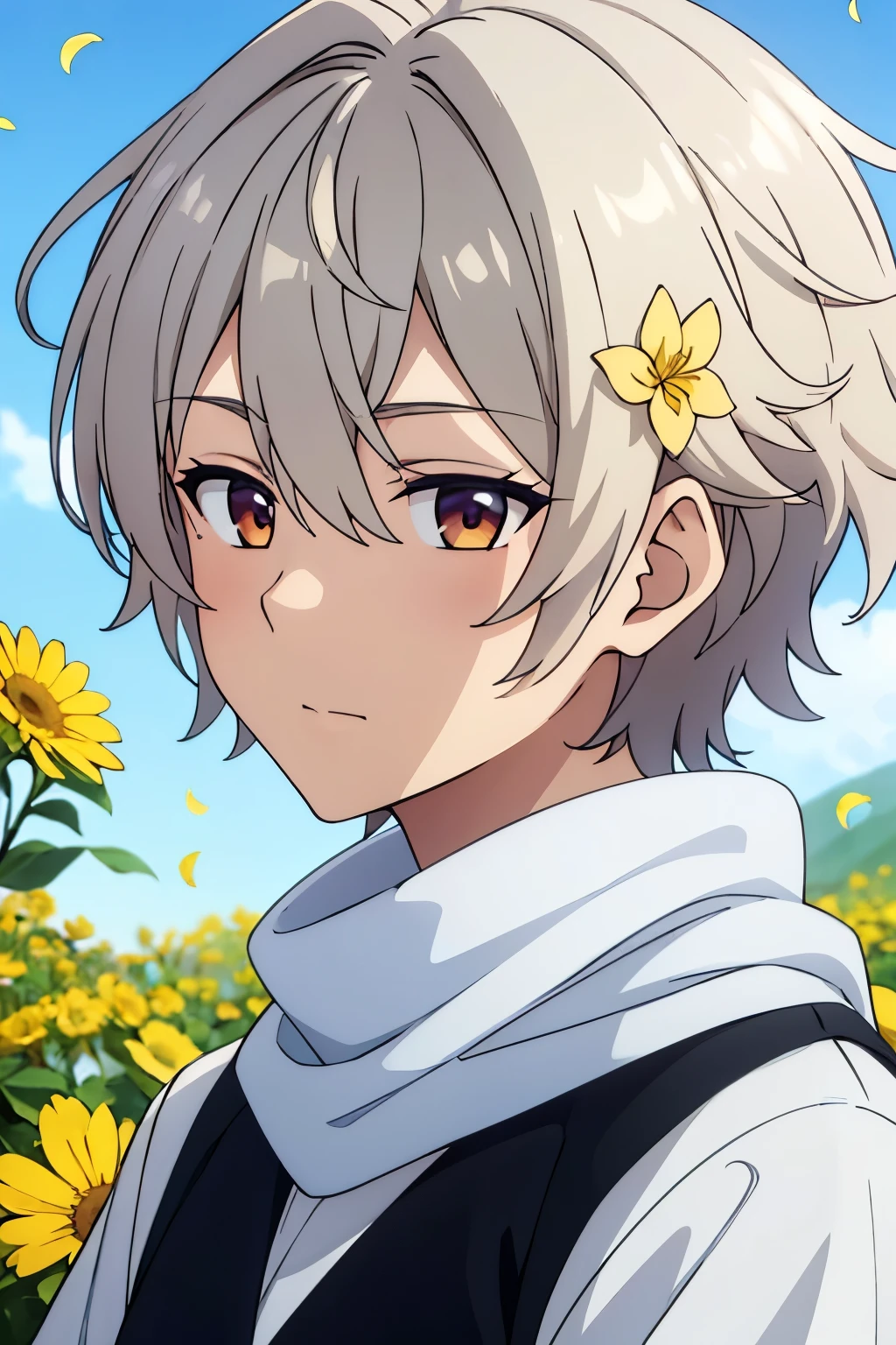 (high-quality, breathtaking),(expressive eyes, perfect face) 1boy, male, solo, teenager, white silver hair, golden highlights, soft wavy hair, short hair length, soft smile, kind face, blue scarf, white sshort sleeved t-shirt, black undershirt, sky blue background, golden yellow flowers, flowers, petals, outdoor, hair ornaments, flower ornaments, hair flowers, narrow eyes,
