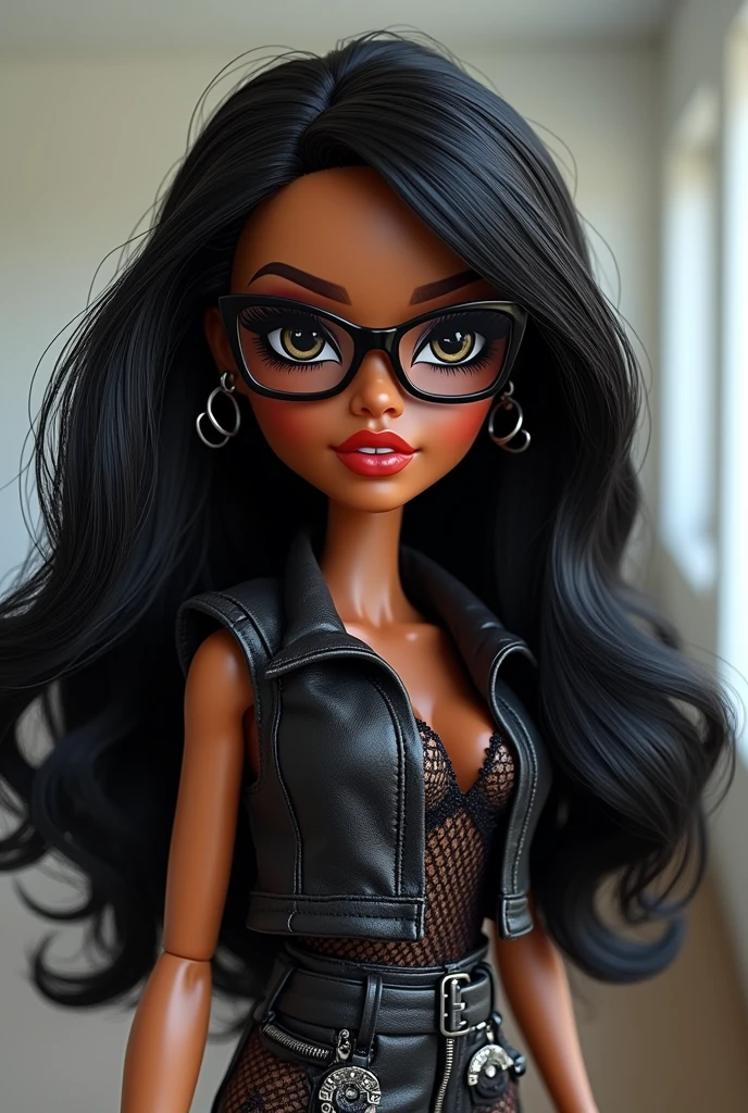 "Create a full body doll with a dark brown or black skin tone. The doll must have long, straight hair, with slightly slanted eyes. Make sure the doll has a young and friendly expression, with a stylish outfit. The overall appearance should be that of a modern and stylish doll., with a warm and inviting look. Design should reflect a balance between contemporary and classic elements."
