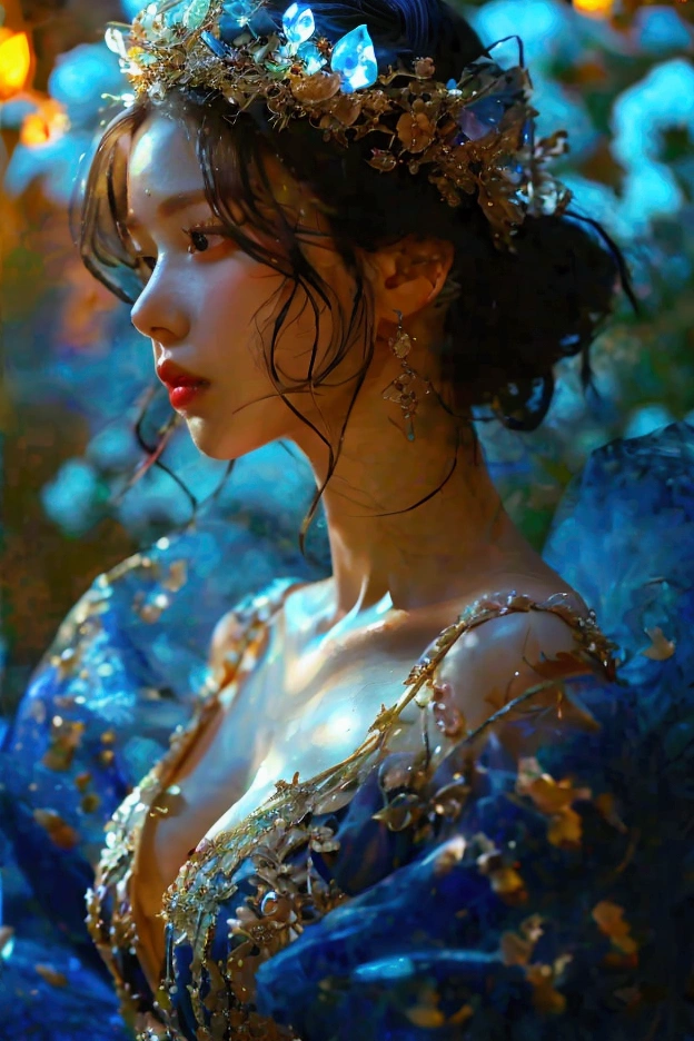 A full-body portrait of a woman in a moonlit garden, silk gown shifting colors, adorned with crystal-adorned midnight hair.bare skin