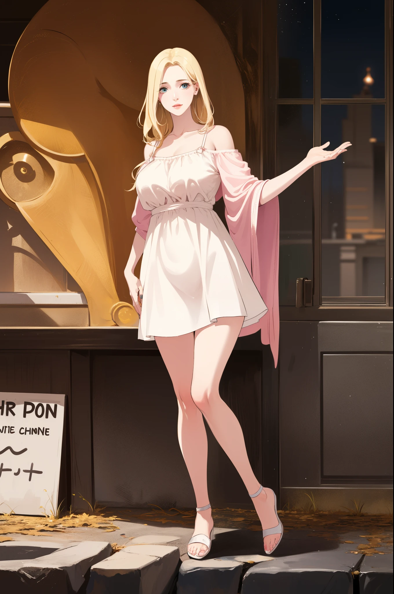 A single extremely beautiful, cute woman, with gold blonde hair tied with a ribbon, big green-blue eyes, extremely fair white skin, plump red glossy lips, and a plain slim thin body, wearing a simple long foot-length white floral dress with spaghetti straps, a big yellow sweater worn in an off-shoulder style, and pink sandals. She is looking at the viewer, standing straight, hands on the side, and a cute plain smile expression, show the full woman from head to feet.