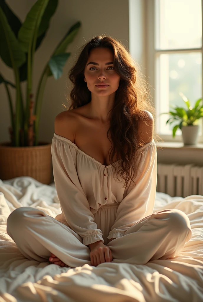 (photorealism:1.2), beautiful woman, sitting on bed, wearing loose off-shoulder top, pajama pants, long curly hair, indoors, soft lighting, plants in background, window with sunlight, cozy room, relaxed pose, realistic, intricate details, warm colors, by Greg Rutkowski, by Alphonse Mucha