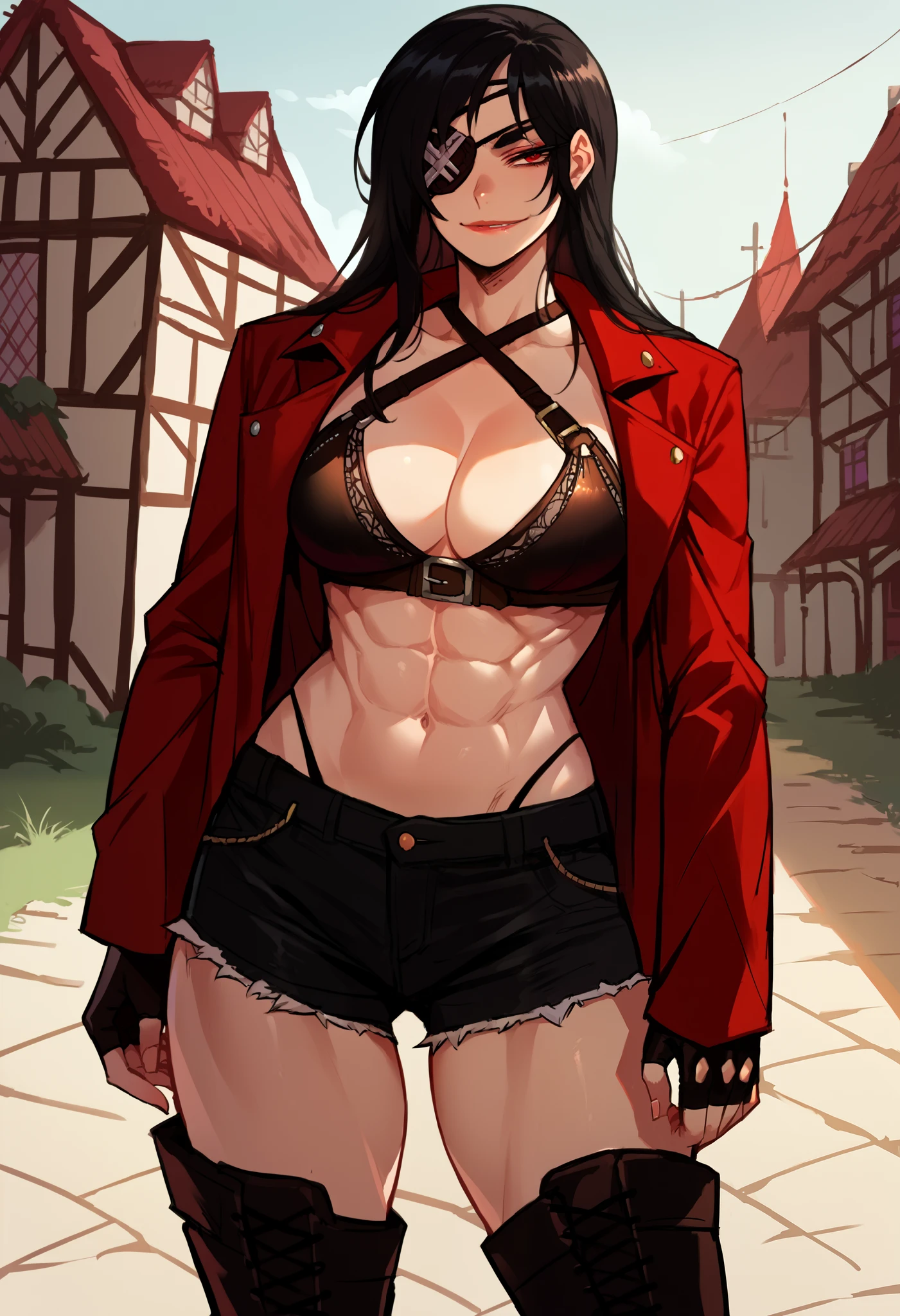 (score_9, score_8_up, score_7_up), close up, Dutch angle, 1female, solo, long hair, straight black hair, eyepatch, red eyes, toned, lipstick, leather halter bra, cleavage, abs, red coat, coattails, silver trim, black cuffs, fingerles gloves, smirking, black leather shorts, knee high boots wide hips, big breasts, thong, outdoors, medieval town, hand on hip, soft lighting, shadows, cinematic, source_anime, 