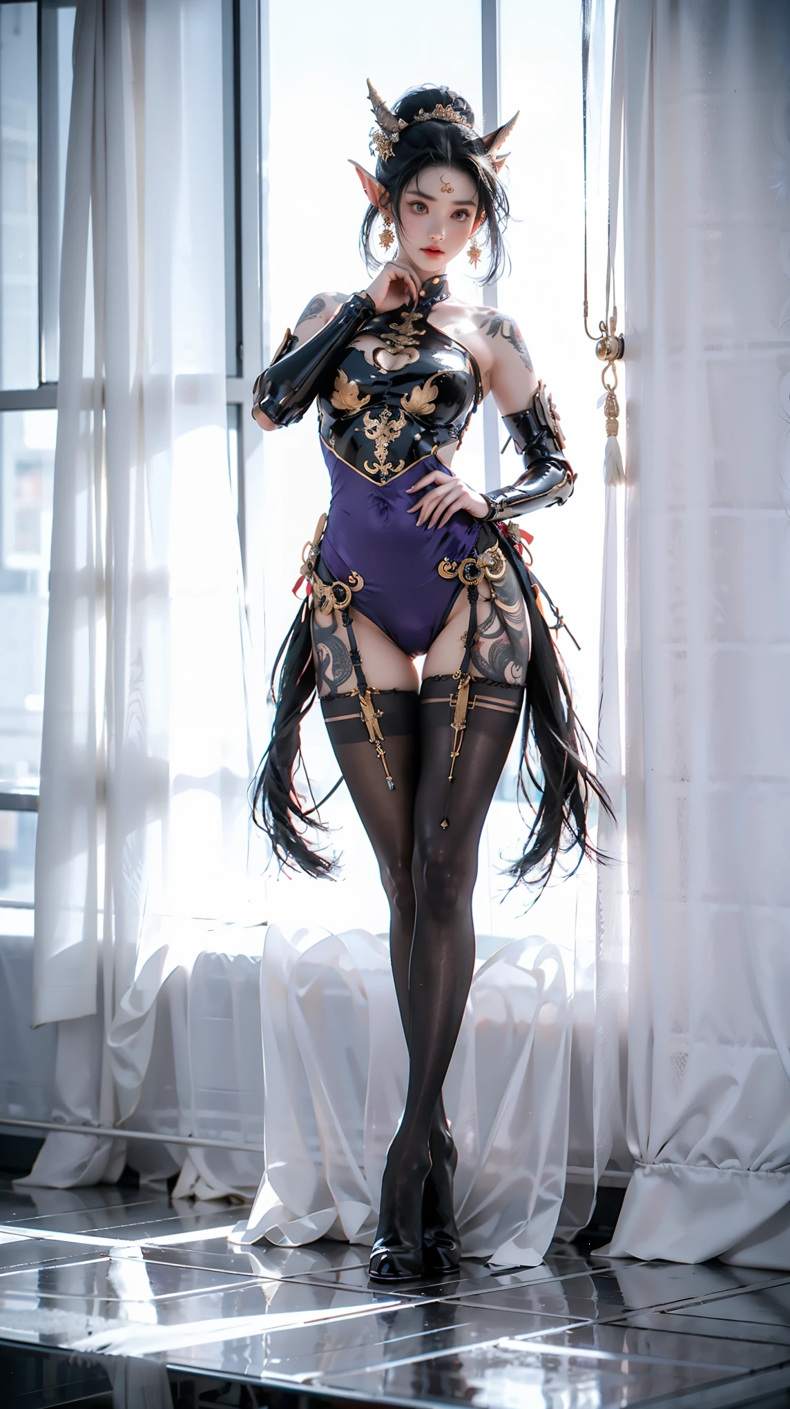 1girl,solo,medium breasts,<lora:GoodHands-beta2:1>,(full body:1.2),standing,<lora:0033 Raiden Shogun 1_v2:1>, pelvic_curtain,see-through,ruanyi0033,sitting,spread legs,, (masterpiece, best quality, hires, high resolution:1.2), (extremely detailed, realistic, intricate details, highres), 3d, cg, bbw, shiny skin, , blush,, eyeliner, eyeshadow, eyelashes,, (gigantic breasts, saggy breasts:1.1), (cinematic lighting, sunlight, volumetric), looking at viewer, simple red background, vintage fantasy, 1960s \(style\), film grain,