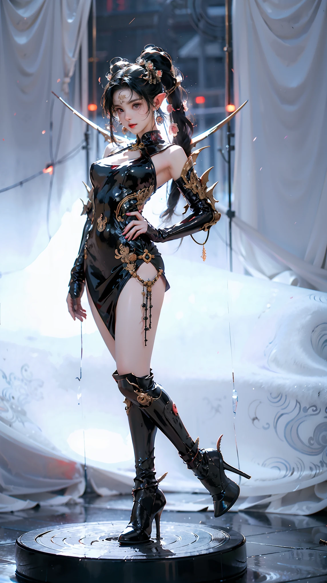 （tmasterpiece，top-quality，best qualityer，offcial art，Beauty and aesthetics：1.2），（8K，best qualtiy，tmasterpiece：1.2，Black stocking beauty，Long legs，Wear a shirt on the upper body，black micro skirt