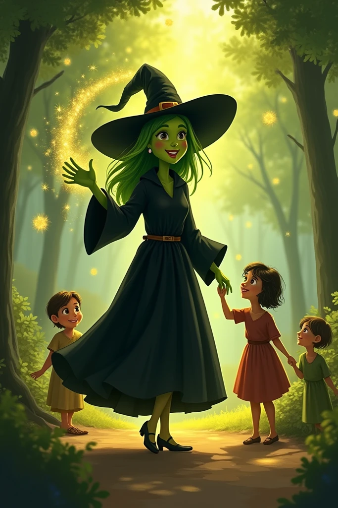 The cheerful green-faced witch, wearing a black robe and pointed hat, is seen in the background, waving her hand to say goodbye. Golden sparkles of magic swirl around her as she walks away, leaving behind a trail of light. Her warm smile lingers as she leaves the family, who watches her depart with a sense of gratitude.