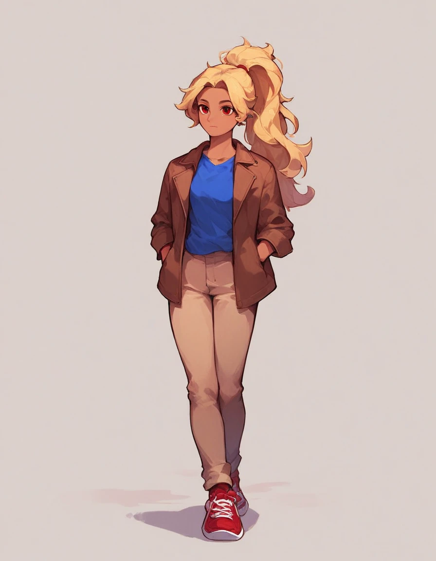 LilithEXE, 1girl, solo, long hair, blonde hair, shirt, red eyes, long sleeves, jacket, full body, ponytail, shoes, pants, blue shirt, red footwear, sneakers, brown pants, brown jacket, tan pants, red shoes