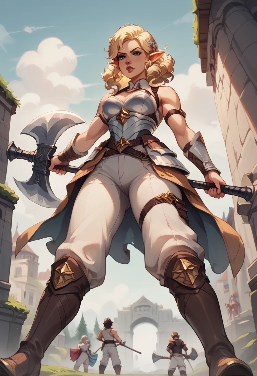  Create an image with the perspective from below . A warrior woman,  with pointy ears .  with a very strong and athletic physique .  white skin .  painted lips. short curly hair carmine .  wearing sleeveless leather armor and white pants, with long boots.  who has in one hand a huge axe ,  and in his other hand he is raising another huge axe .  with a challenging look .  with autumnal mountains in the background .  in animation illustration style anime 