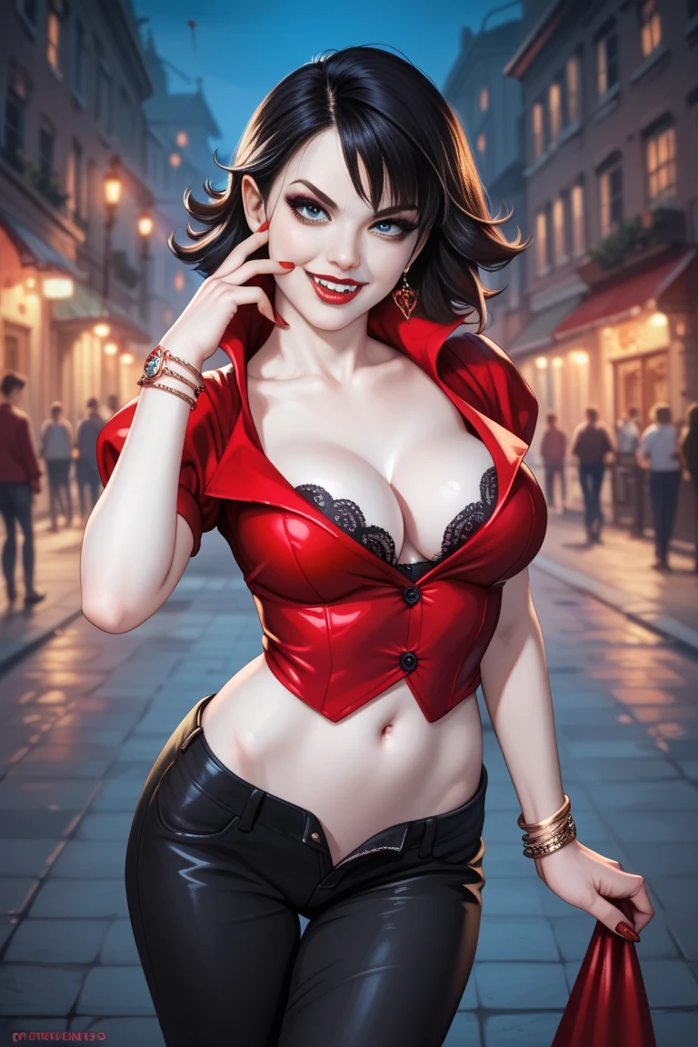 Marterpiece,  ultra high quality, HD 8K, Beautiful vampire woman with a voluptuous body, cute face,  detailed face,  black cabello,  blue eyes, Vampire Eyes,  red lips,  vampire fangs ,  white skin , red vampire style button-down blouse,  exposed navel, Dracula pants,  exposed navel, BRACELET, Red boots, on the street, seductive smile, realistic, vampire theme ,  at night,  pants showing the fangs