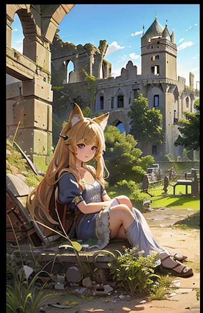 （masterpiece， top quality ， best quality ， Official Art， Beauty and Aesthetics ：1.1），((Castle Ruins :Ruins of an ancient city:1.5)),（Chibi character、cute, kitsune, 1 girl， fox ears，Fox&#39;s Tail：1.3）， Very detailed，（ fractal art：1.1），antiquity，  very colorful  ， most detailed