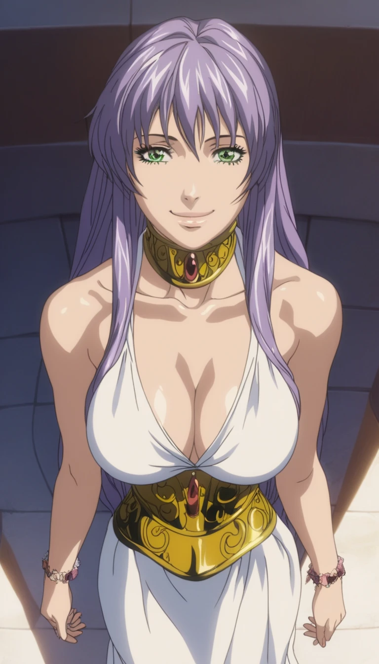  score_9,  score_8_above,  score_7_above,  score_6_above, source_animated, 1 girl,  Beautiful woman,  detailed face, Standing,  white skin , final, seductive smile,  front view,  looking at the spectator ,  a girl, Sasha,  green eyes,  purple hair , long hair,  Big breasts, neckline, white dress1, dress, neckline, Petal bracelet, Golden belt, jewelry,  lyrics,  wallpaper 