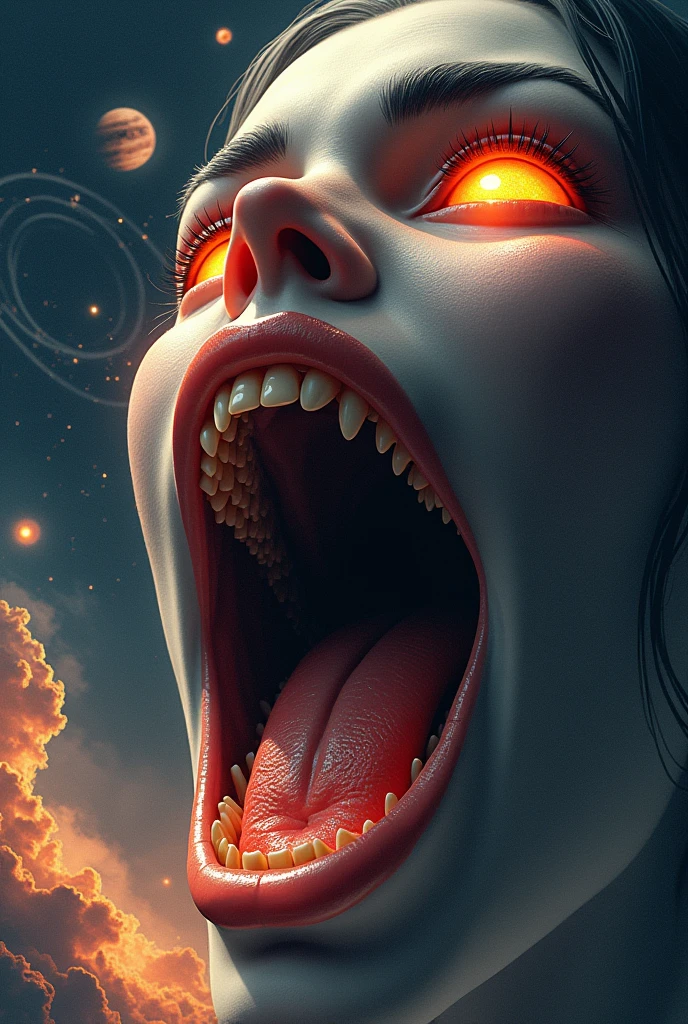 1 beautiful female demon, A scene from a science horror fiction movie, beautiful detailed eyes, (A third eye on the forehead:1.5), beautiful detailed red lips, extremely detailed face and eyes, long eyelashes, long tongue like a snake, intricate insect-like features, glowing compound eyes, scythe-like forelimbs, alien carapace, vibrant colors, futuristic sci-fi environment, neon lights, glowing energy field, complex technological architecture, dramatic lighting, cinematic atmosphere, award winning digital art, hyper realistic, 8k, high quality, masterpiece, Bioluminescence, Translucent skin, thespiritde, white skin, (veins protruding from the skin on her face:1.6), Satan's daughter, cinematic lighting