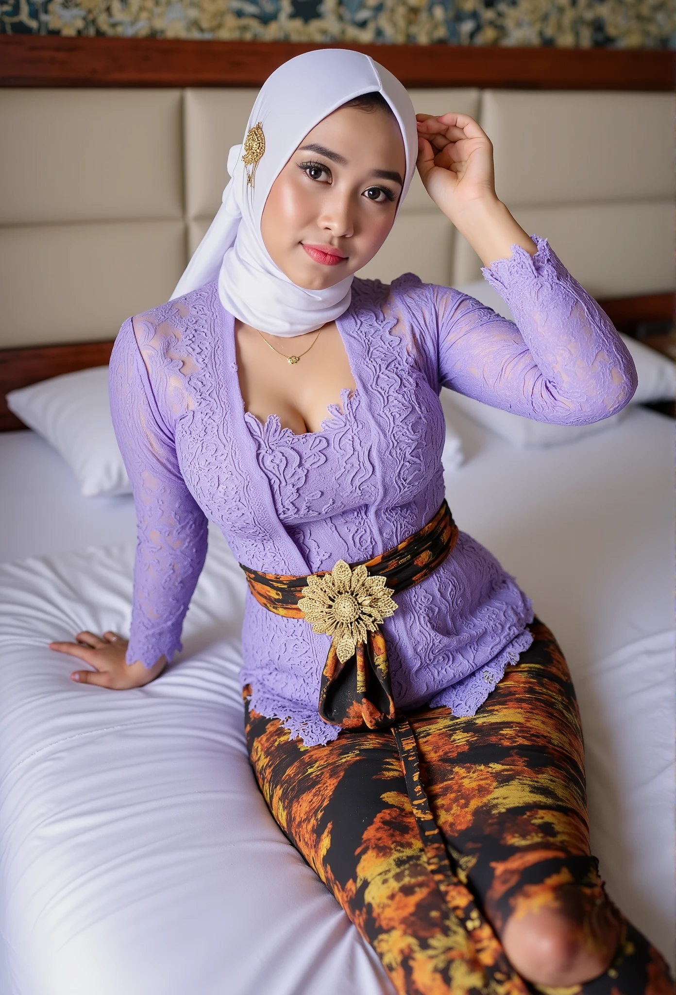 medium close up Indonesian young woman wearing a purple kebaya_bali with a white hijab and a batik skirt lying on her back leaning on one arm ON THE BED, long open legs wrapped in traditional batik cloth, 