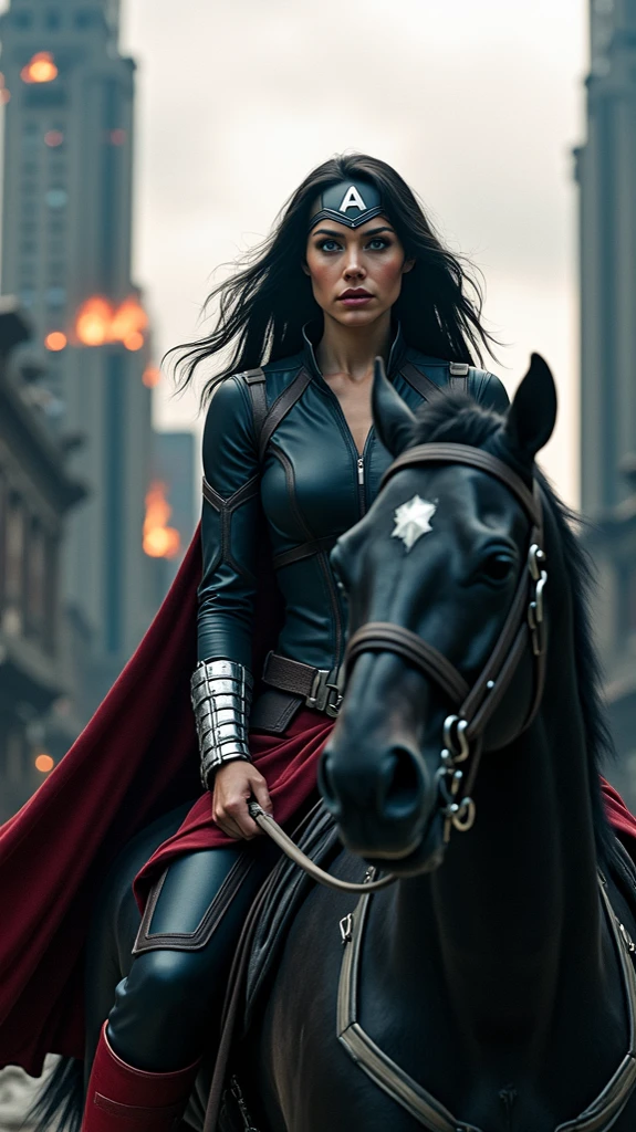 Extremely detailed CG unity 32K wallpaper, top quality, masterpiece, raw photo, photorealistic, highest resolution, professional photo, dynamic, cinematic lighting, (fantasy:1.4), sharp focus, depth of field, (perfect body, correct anatomy:1.5), intricately detailed face, expressive face, POV, (from front:1.3), 1 girl, ((evil witch queen:1.4)), solo, cowboy shot, black hair, (SINGLE hair bun:1.3), ultra-realistic skin, bright and dark eyes, beautiful nose and lips, (evil smile:1.2), ((steel armor:1.5)), ((perfect body proportion:1.4)), slender, medium breast, (black cape:1.4), (holding a long sword with magical power:1.5), ((straddling on a horse, riding a black horse:1.5)), outdoor, castles, ((accompanied with her own army, marching:1.3))