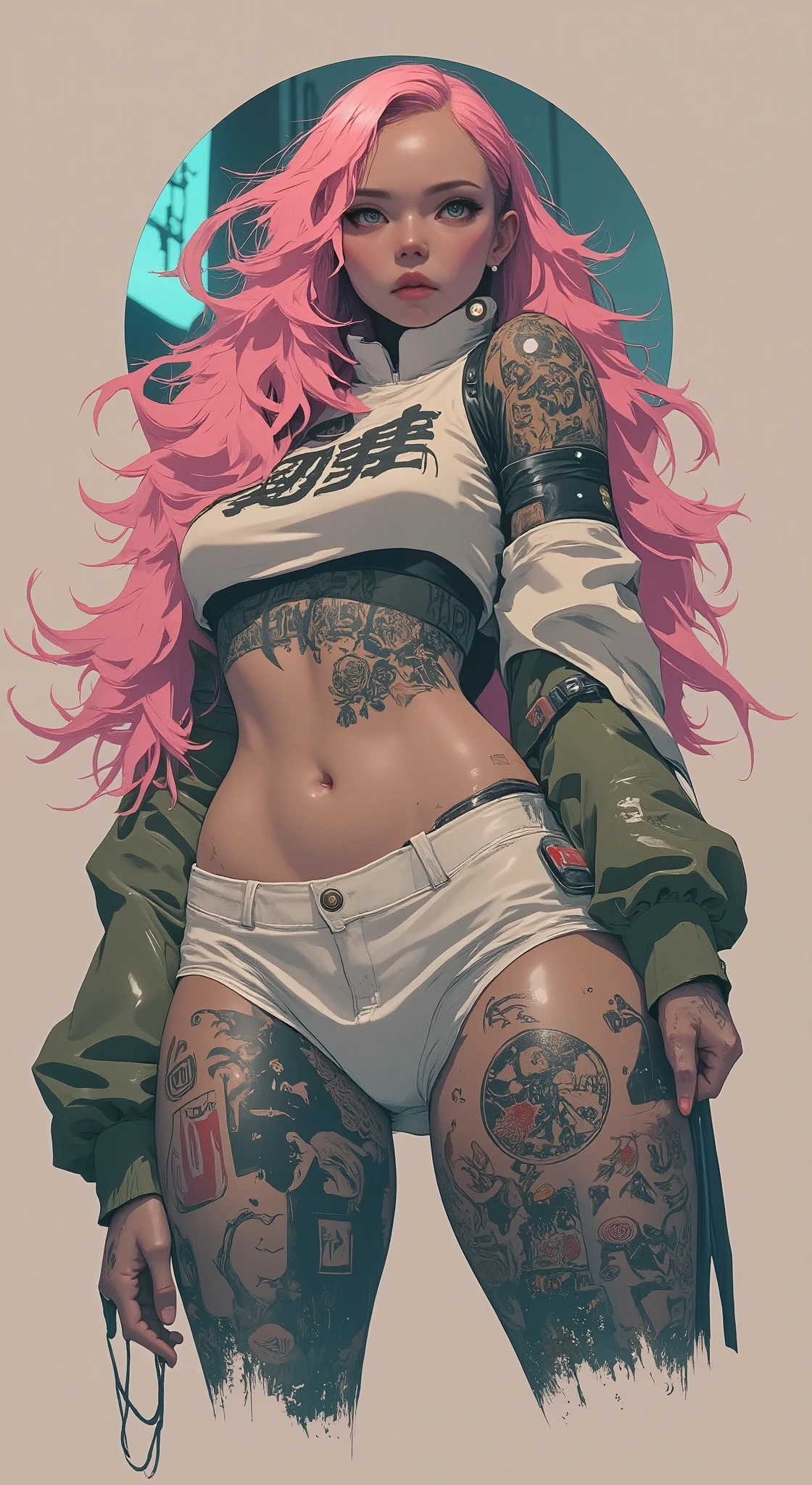 foreground,   anatomically correct x  , A voluptuous ,   wide hips,   Big breasts , ,  without showing private parts  ,   Young woman with long pink hair , tattooed body,  Wears a miniskirt and a white top ..,   Subtle view of her butt in a full body shot..,   detailed face and eyes ,  Intricate tattoo designs ,   cinematographic lighting  ,  photorealistic , 8K,  hyper detailed 