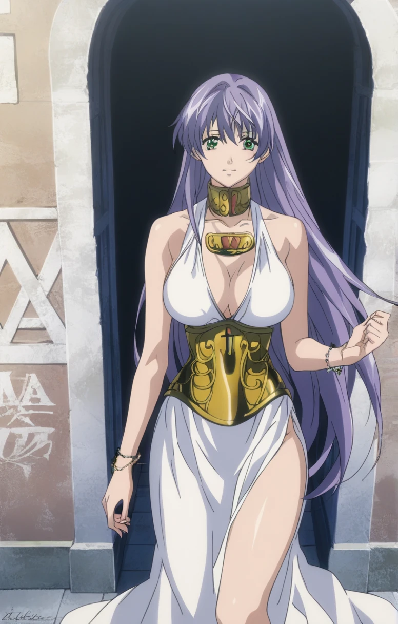  better quality , masterpiece , looking at the spectator , absurdres,1 girl, score_9, score_8_above, score_7_above,source_ anime ROMPS Sasha , green eyes, purple hair ,long hair, Big breasts, white dress1, dress, neckline, Petal bracelet, Golden belt, jewelry,  lyrics,  wallpaper , side opening, high opening, cross opening , Absolute Field , thighs,Architecture of Greece,outdoor, sunny, natural light