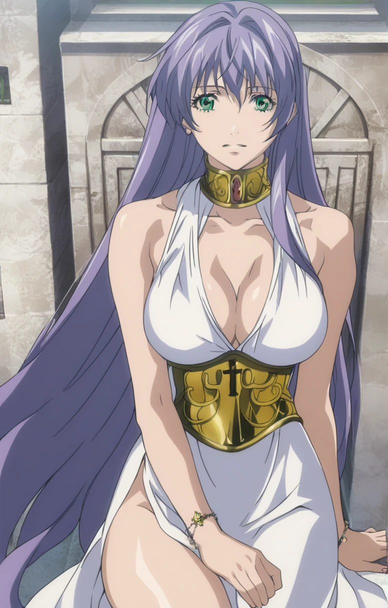  better quality , masterpiece , looking at the spectator , absurdres,1 girl, score_9, score_8_above, score_7_above,source_ anime ROMPS Sasha , green eyes, purple hair ,long hair, Big breasts, white dress1, dress, neckline, Petal bracelet, Golden belt, jewelry,  lyrics,  wallpaper , side opening, high opening, cross opening , Absolute Field , thighs,Architecture of Greece,outdoor, sunny, natural light