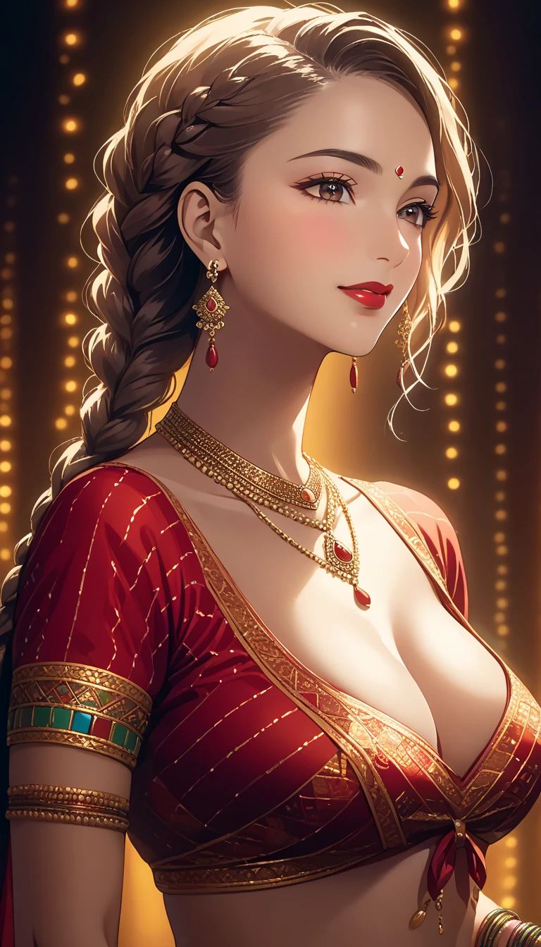 (1woman, mature, single hair braid, transparent saree, big long jhumka earrings, detailed alluring eyes, smooth detailed lips, beautiful face, smiling, red lipstick, navel, bangles, saggy breasts, hyperdetailed, vibrant colors, studio lighting, masterpiece, cinematic composition, dramatic lighting, intricate details, highly realistic skin textures, volumetric lighting, beautiful intricate jewelry, warm color palette, natural lighting, elegant pose, beautiful detailed expression, hyper realistic rendering, seamless blending, flawless skin, glowing skin, delicate features, breathtaking realism, striking composition),tall , necklace, bangles ,navel,full body view,oily skin 