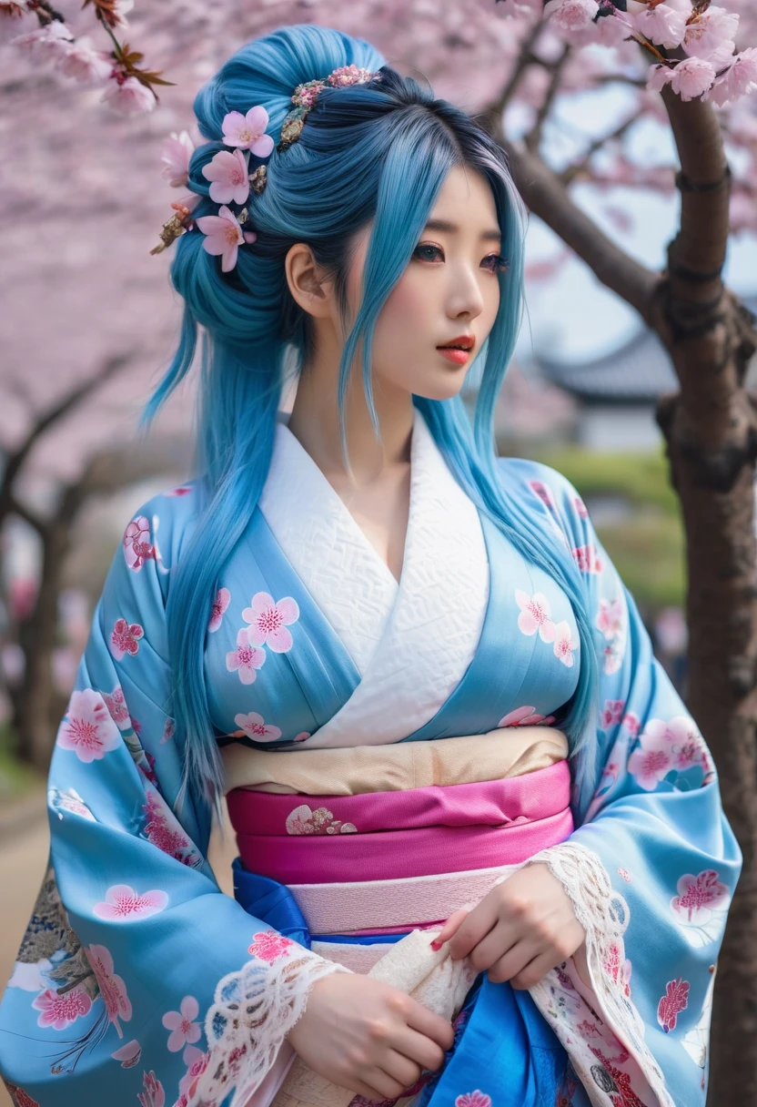 Beautiful sexy samurai European bimbo, Beautiful face, long blue hair ( Hair fluttering in the wind ), delicate beautiful body, seductive body, wearing a sexy and seductive open kimono, huge breasts:1.7