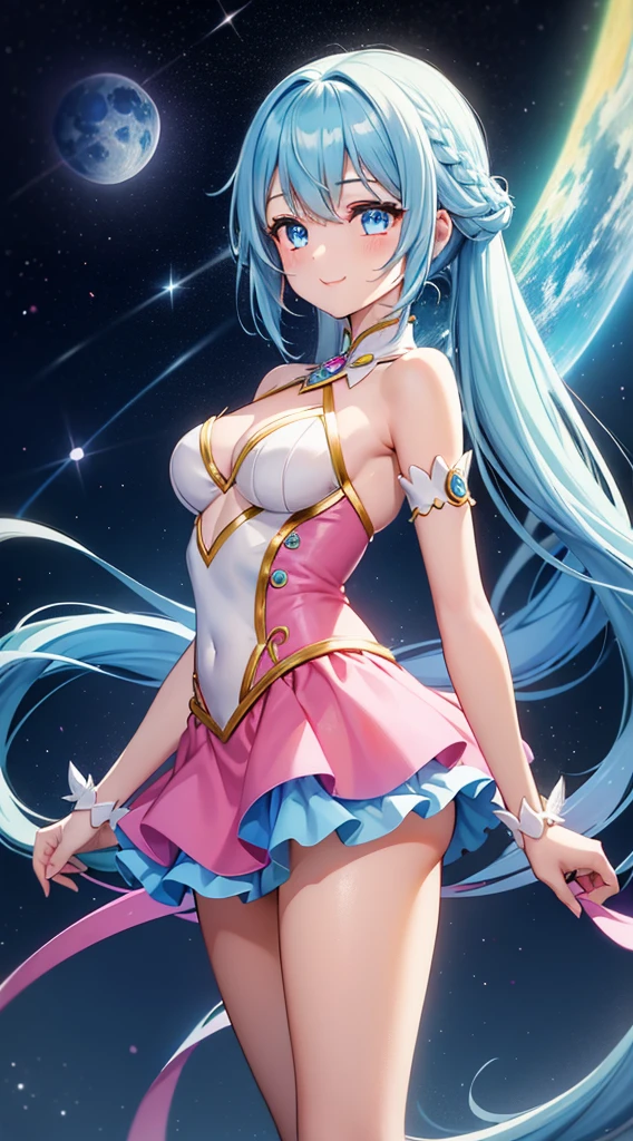 Super Idol　a beauty girl　adorable smiling　sky blue hair　length hair　Facing straight ahead　Looking at the camera　Twin-tailed　Glittering white and light pink leotard costume　Mystical　Fantasia　constellation　a moon　Crystal Brilliance　Aurora Borealis in the Night Sky