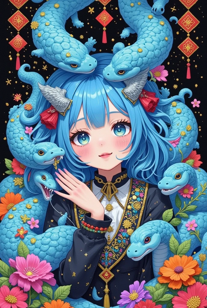  anime girl with blue hair and blue eyes，Surrounded by snakes,  Japanese pop surrealism ,   Her many snakes are like hair  , Popular anime artwork, Anime style illustration,  detailed digital anime art, Popular anime art,  by Kanouchi Zen , Anime style artwork,  Artgem and James Jean,  anime-style digital art , inspired  by Kanouchi Zen 