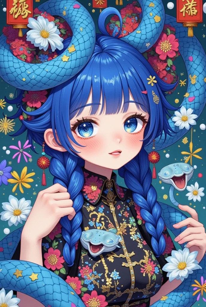   detailed drawing of an anime girl ， anime girl with blue hair and blue eyes，Surrounded by snakes , Kano Naizen , PIXIV TRENDS , Log in,  Japanese pop surrealism ,   Her many snakes are like hair  , Popular anime artwork, Anime style illustration,  detailed digital anime art, Popular anime art, Anime style artwork,  Atjem and James Jean ,  anime-style digital art 