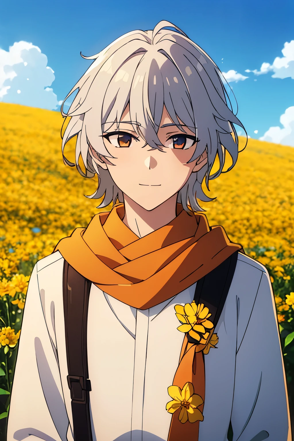 (high-quality, breathtaking),(expressive eyes, perfect face) 1boy, male, solo, ager, symmetrical eyes, symmertical ears, white silver hair, golden highlights, soft wavy hair, short hair length, cute smile, kind face, blue scarf, orange white and black shirt, sky blue background, golden yellow flowers, flowers, petals, outdoor, hair ornaments, flower ornaments, hair flowers, narrow eyes, field, small yellow flowers on shirt, kazuha costume