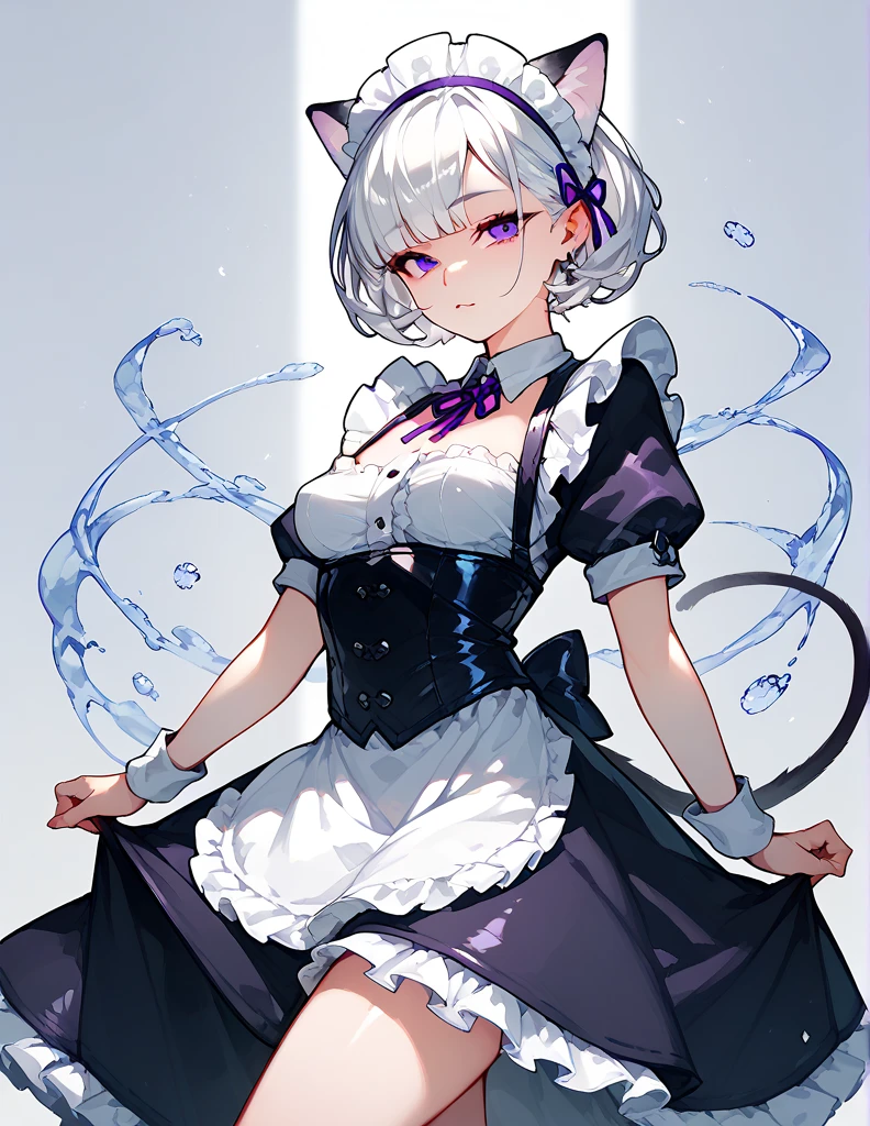 Semi-human , with cat's ears and tail ,  of white color and white hair, Wearing a maid's dress ( doesn't cover her breasts completely,  with transparent black fabric ) with intense purple eyes 