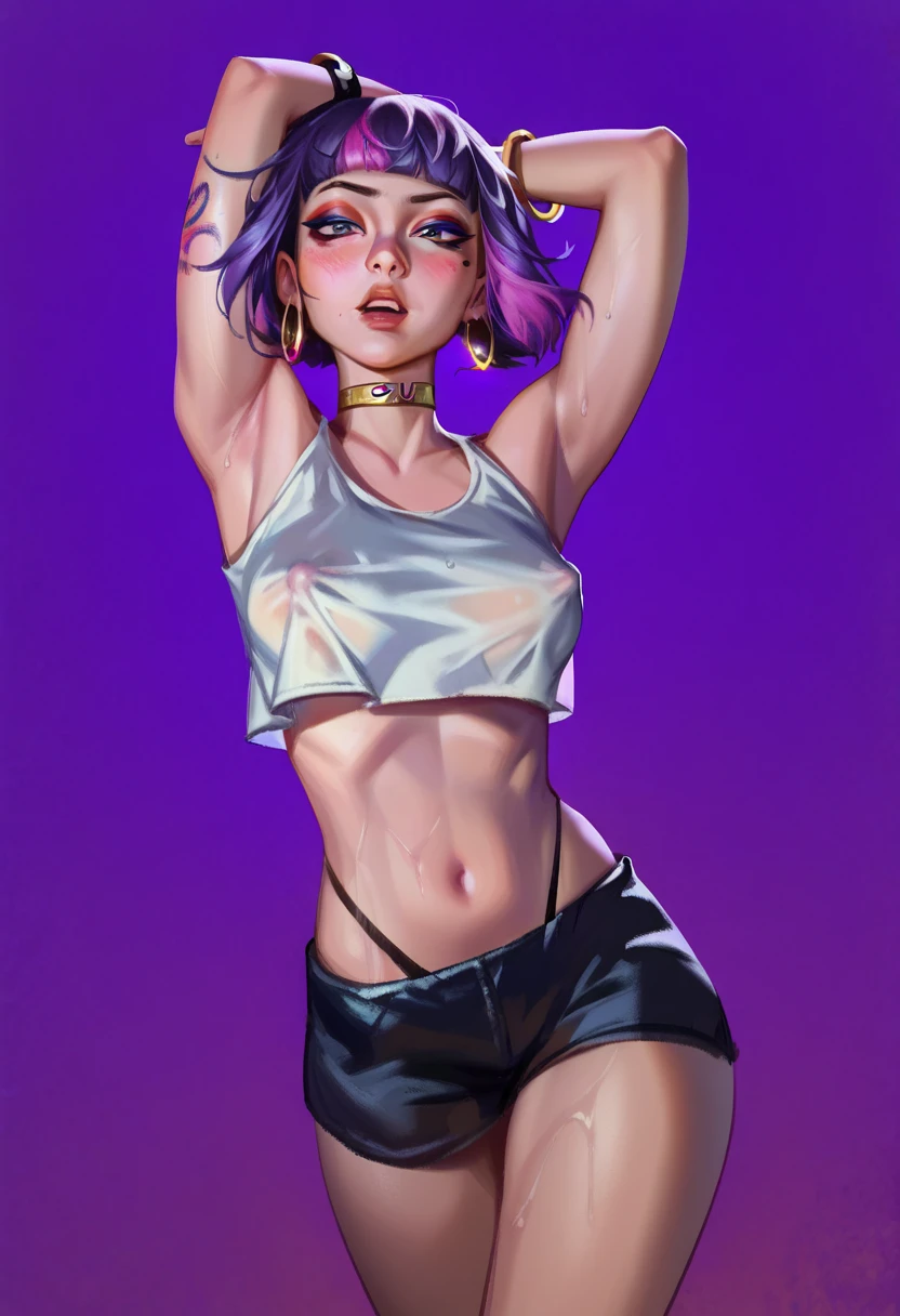 best qualtiy, tmasterpiece, face expressionless, 超高分辨率, detailedbackground, 独奏, , short detailed hair, cowboy lens, Real shadows and light, Sukuna a woman with pink hair and bustiness, tattoo_ryoumen, tattoo_on_his_face, Eye focus, , mature, full bodyesbian, anatomy correct,