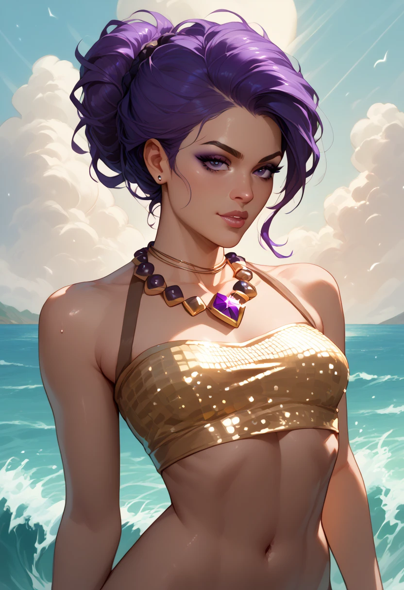 score_9,score_8_up,score_7_up,score_6_up,score_5_up,score_4_up,<lora:aesthetic_witchy:0.6>,witchyaesthetic,witchyset20,1girl,solo,looking at viewer,realistic,blurry background, tan eyes, witchyset56,, source_safe, , saffron hair, hands on neck, , belly chain,, teddy, , , moon, single hair bun, , red lips, midriff, ,<lora:AsuraXL:0.8>,,