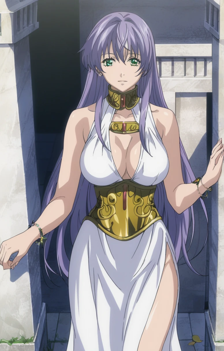  better quality , masterpiece , looking at the spectator , absurdres,1 girl, score_9, score_8_above, score_7_above,source_ anime ROMPS Sasha , green eyes, purple hair ,long hair, Big breasts, white dress1, dress, neckline, Petal bracelet, Golden belt, jewelry,  lyrics,  wallpaper , side opening, high opening, cross opening , Absolute Field , thighs,Architecture of Greece,outdoor, sunny, natural light