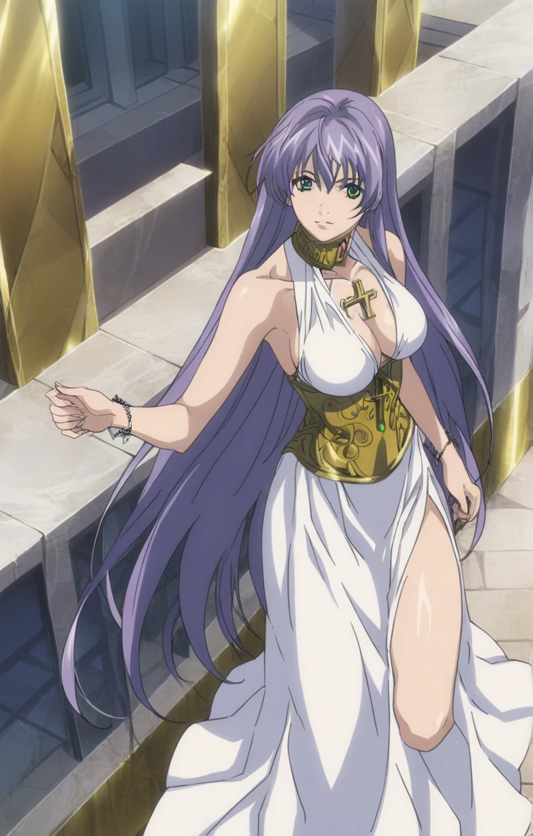  better quality , masterpiece , looking at the spectator , absurdres,1 girl, score_9, score_8_above, score_7_above,source_ anime ROMPS Sasha , green eyes, purple hair ,long hair, Big breasts, white dress1, dress, neckline, Petal bracelet, Golden belt, jewelry,  lyrics,  wallpaper , side opening, high opening, cross opening , Absolute Field , thighs,Architecture of Greece,outdoor, sunny, natural light