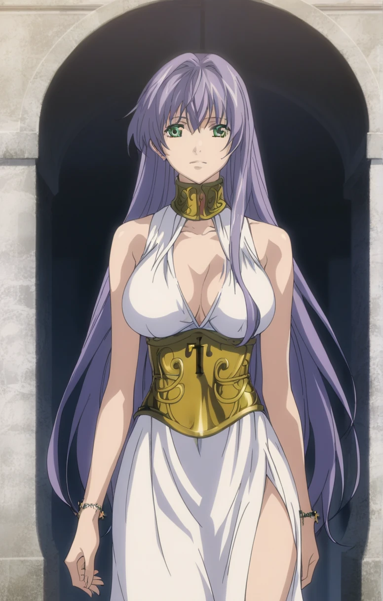  better quality , masterpiece , looking at the spectator , absurdres,1 girl, score_9, score_8_above, score_7_above,source_ anime ROMPS Sasha , green eyes, purple hair ,long hair, Big breasts, white dress1, dress, neckline, Petal bracelet, Golden belt, jewelry,  lyrics,  wallpaper , side opening, high opening, cross opening , Absolute Field , thighs,Architecture of Greece,outdoor, sunny, natural light