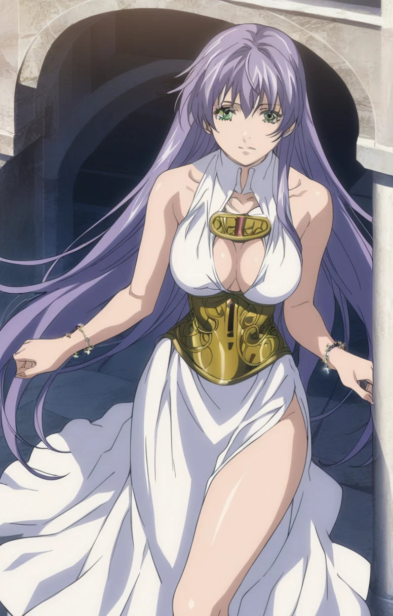  better quality , masterpiece , looking at the spectator , absurdres,1 girl, score_9, score_8_above, score_7_above,source_ anime ROMPS Sasha , green eyes, purple hair ,long hair, Big breasts, white dress1, dress, neckline, Petal bracelet, Golden belt, jewelry,  lyrics,  wallpaper , side opening, high opening, cross opening , Absolute Field , thighs,Architecture of Greece,outdoor, sunny, natural light